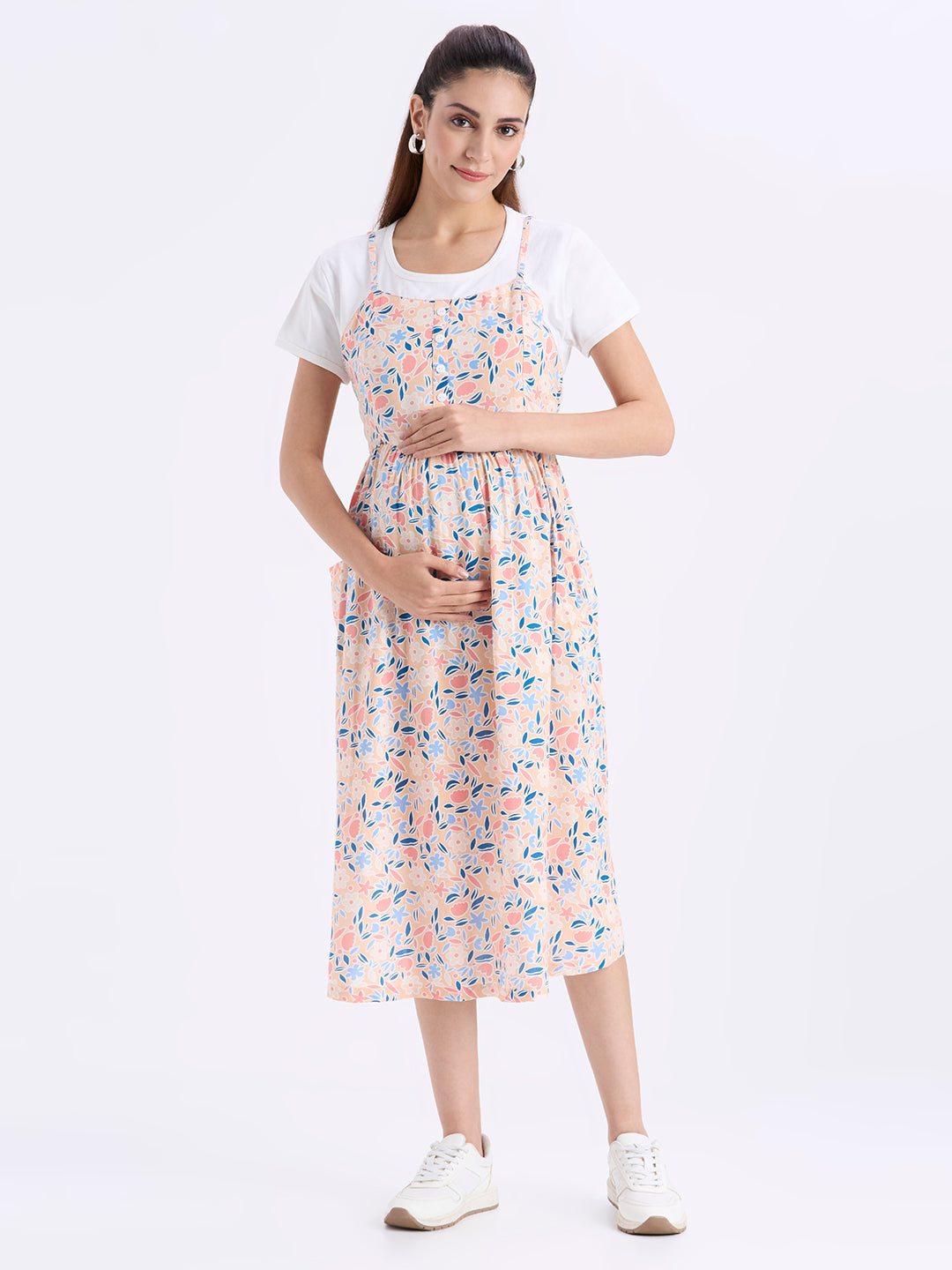 Mee Mee Coral Cotton Maternity Dress with Floral Print & Pockets – Sty