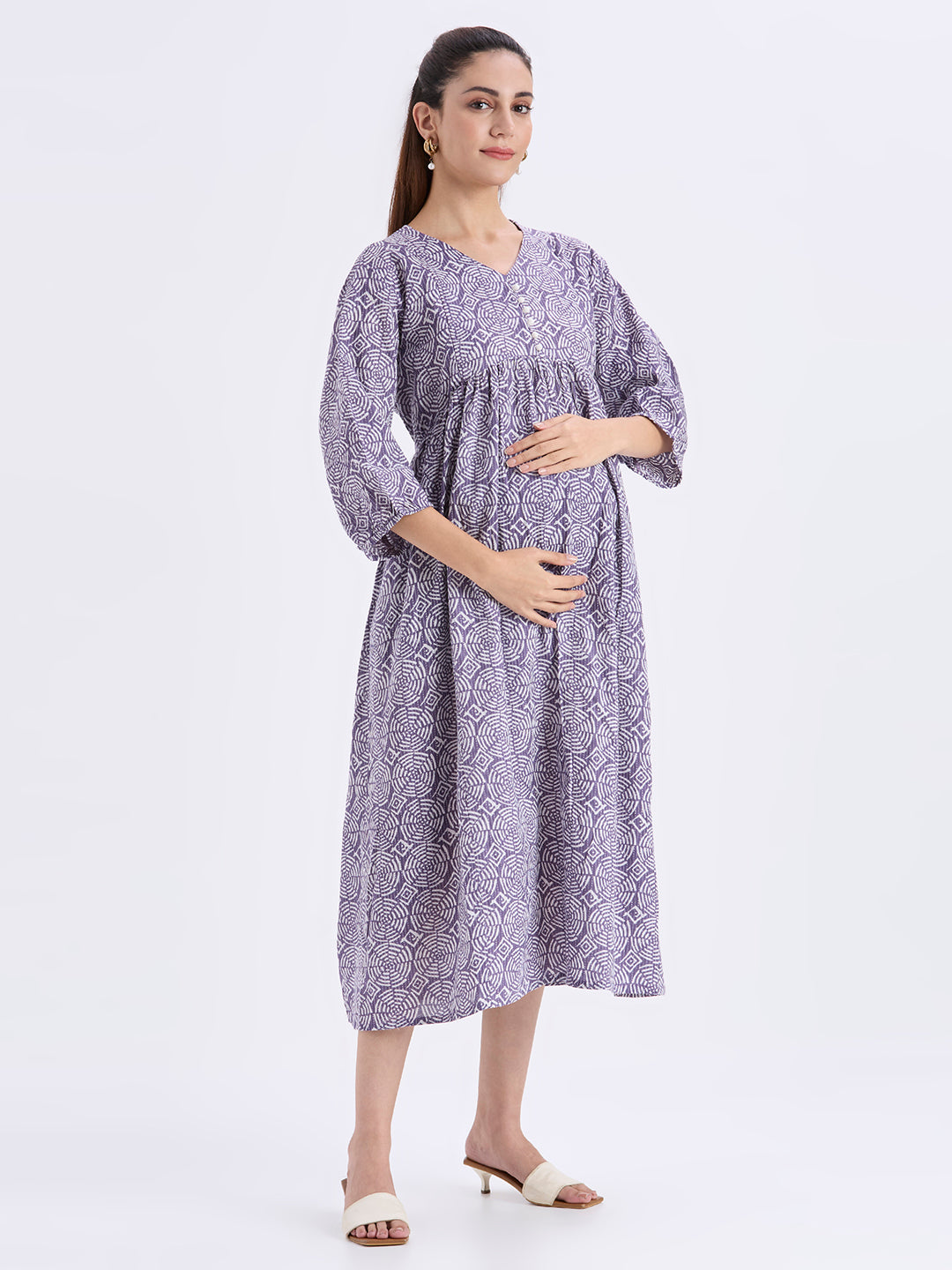 Mee Mee Lilac Cotton Maternity Dress with Printed Design & Flowy Fit –