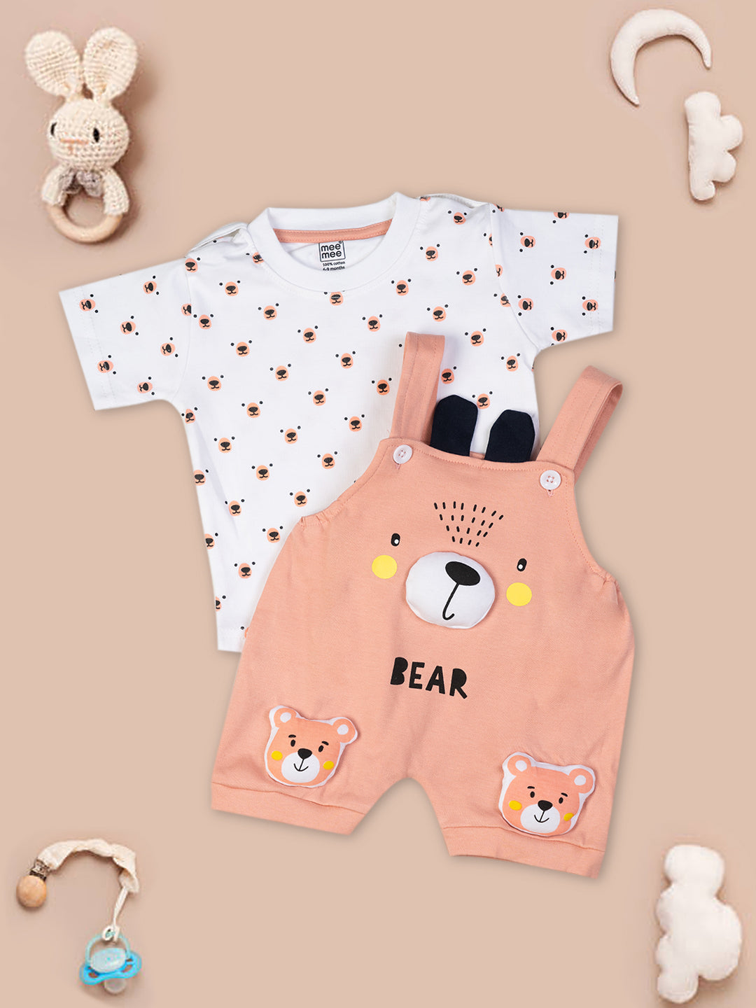Mee Mee Rose Rib Romper Set with Cute Bear Face Appliqué Printed