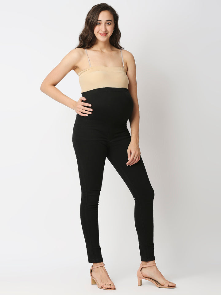 Mee Mee Maternity Solid Full Length Denim Pants - Black