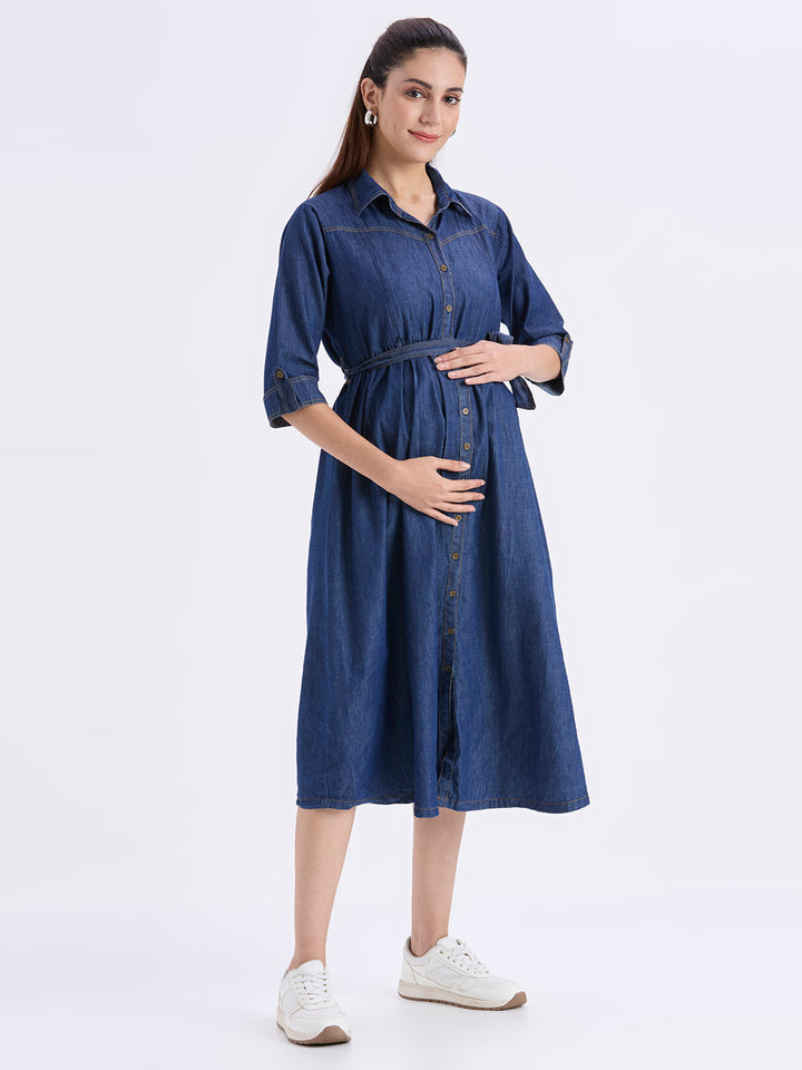 Mee Mee Dark Blue Denim Maternity Dress in Cotton Blend – Button