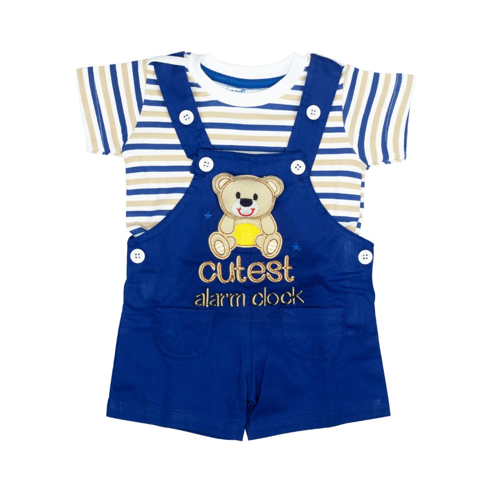 Short Sleeve Stripped Tee With Teddy Design Dungaree Set