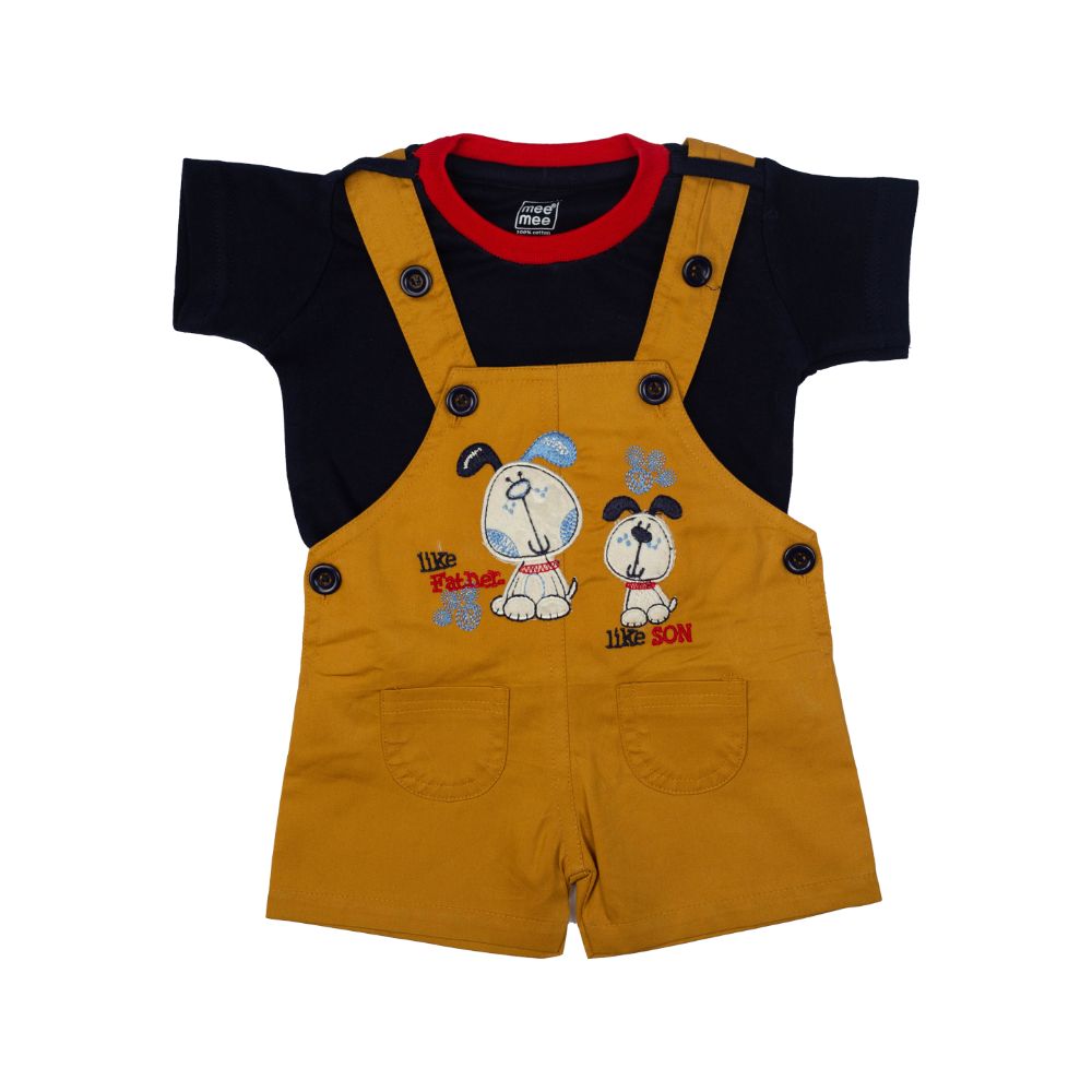 Baby Navy T-Shirt With Dog Applique Brown Dungaree Set