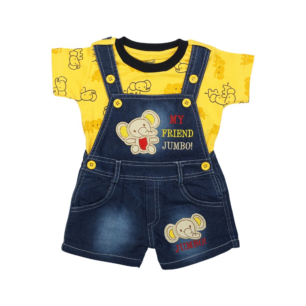 Short Sleeve Printed Tee Baby Elephant Dungaree Set