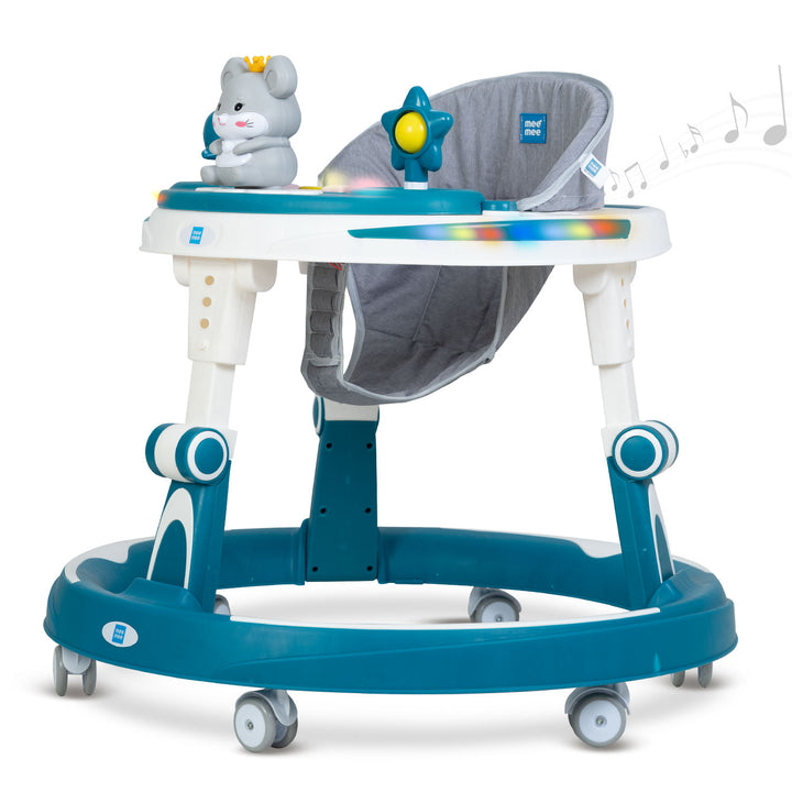 Mee Mee Baby Walker with adjustable seat and musical play tray in blue for comfort and fun.