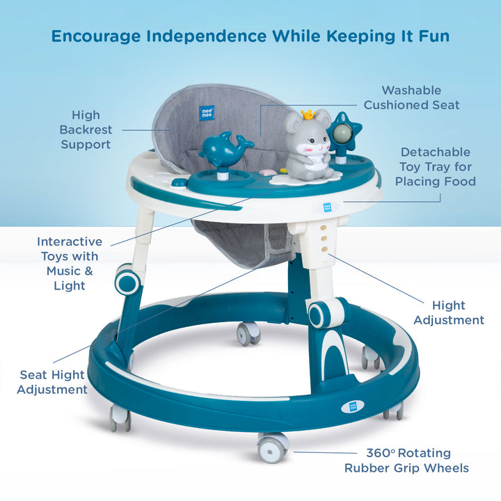 Mee Mee Baby Walker with high back support, washable cushioned seat, detachable toy tray for food, interactive toys with music and light, seat height adjustment, and 360° rotating rubber grip wheels.
