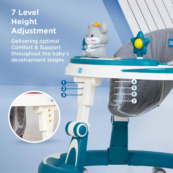 Mee Mee Baby Walker with seven-level height adjustment, providing comfort and support throughout baby’s growth and walking development.