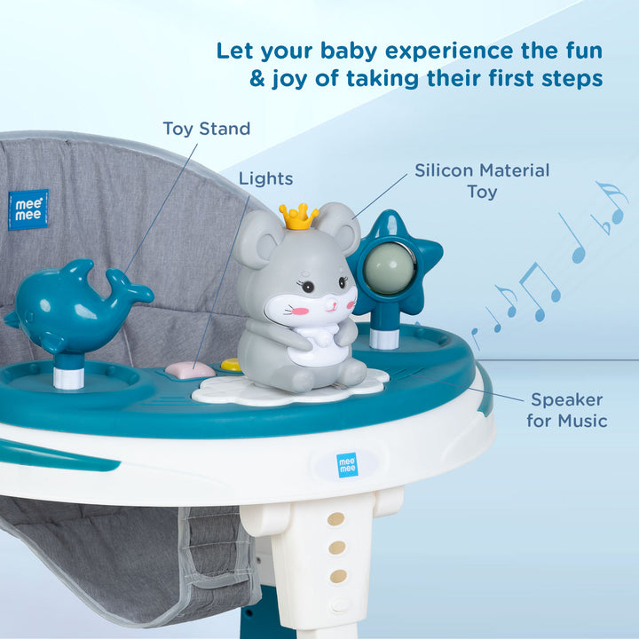 Mee Mee Baby Walker with toy stand, lights, silicone toys, and built-in speaker for music, making playtime fun and engaging.