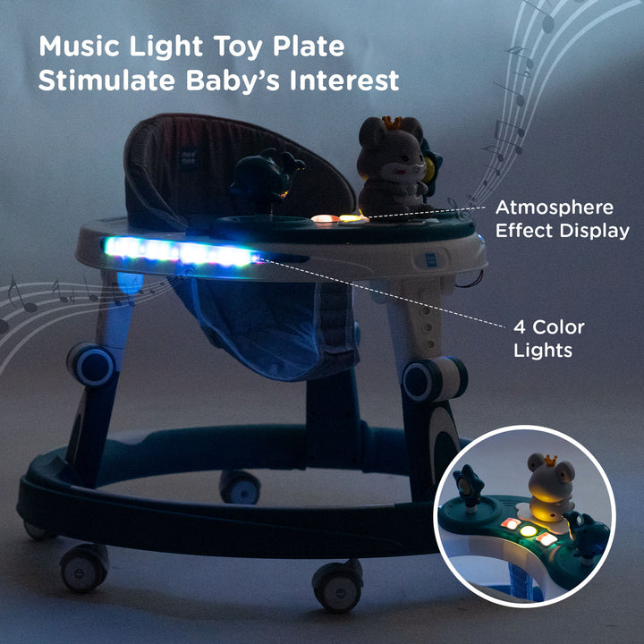 Mee Mee Baby Walker with atmospheric light display and four-color lights that stimulate baby’s curiosity and interest.