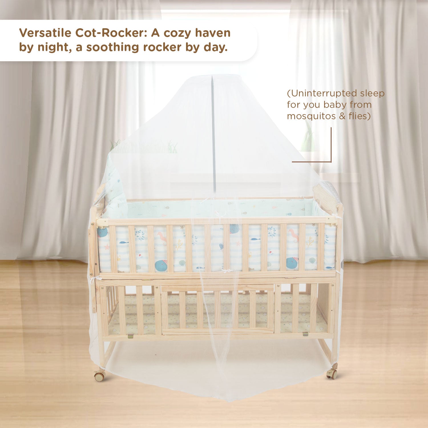 Buy Cloud Comfort Spacious Wooden Baby Cot cum Rocker with soft mattress 360 degree rotational wheel with Safety Locks Space for storage and bed board for nappy times Easy Assembly Attachable to