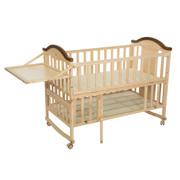 Mee Mee Premium Pine Wooden Baby Cot Extendable Swinging Bed | 360 Rotation Soft Padded Mattress with for 0-4 Years Kids | Multi-Feature Baby Bed with Extra Storage Space | Attach to Parent Bed
