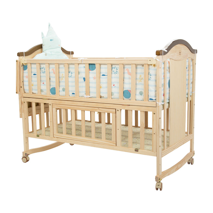 Mee Mee Premium Pine Wooden Baby Cot Extendable Swinging Bed ideal for kids aged 0 to 4 years, offering durable wooden construction and safety.