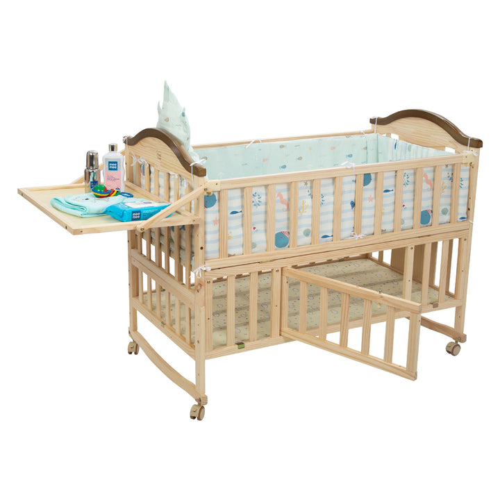 Overview of Mee Mee Premium Pine Wooden Baby Cot Extendable Swinging Bed 