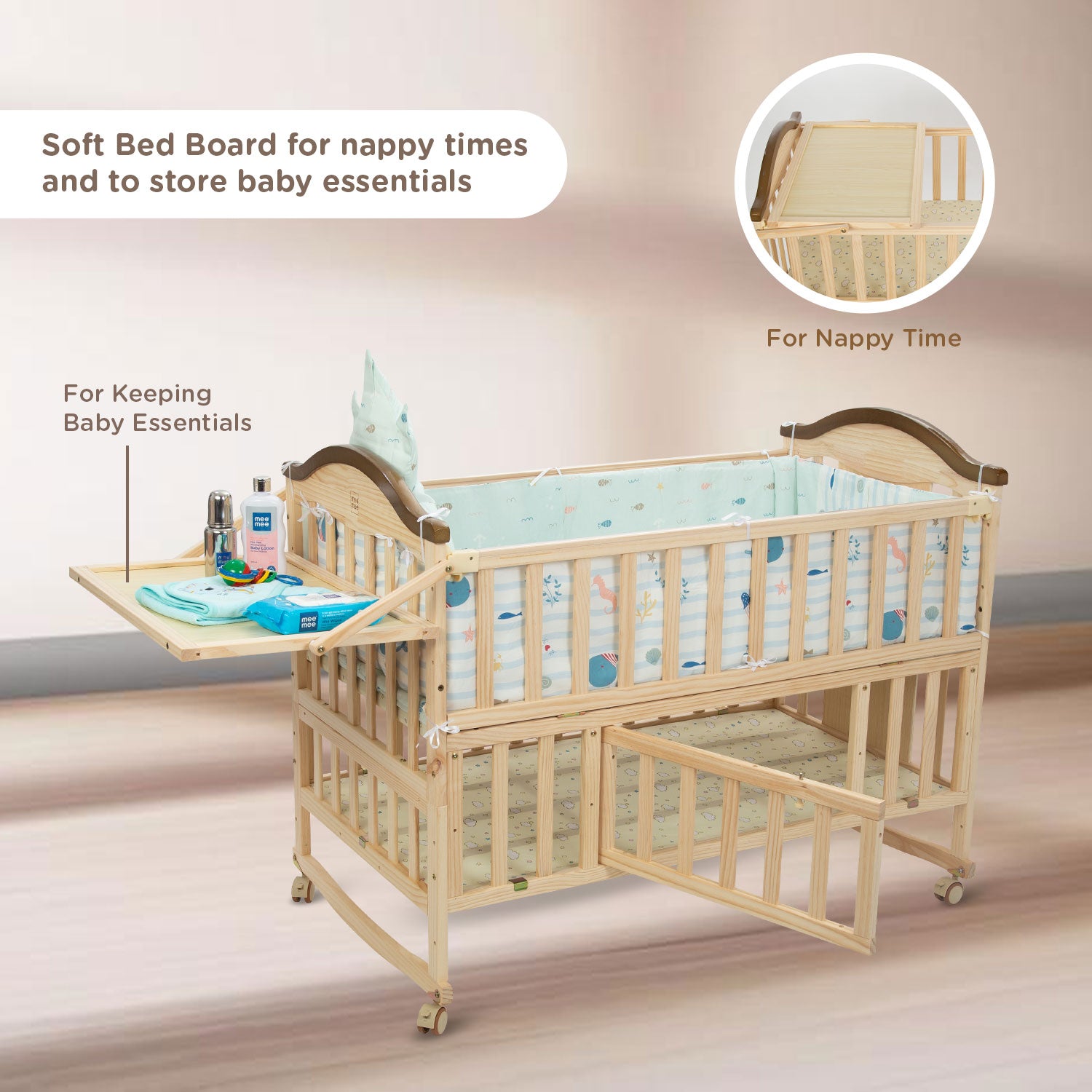 Mee Mee Premium Pine Wooden Baby Cot Extendable Swinging Bed