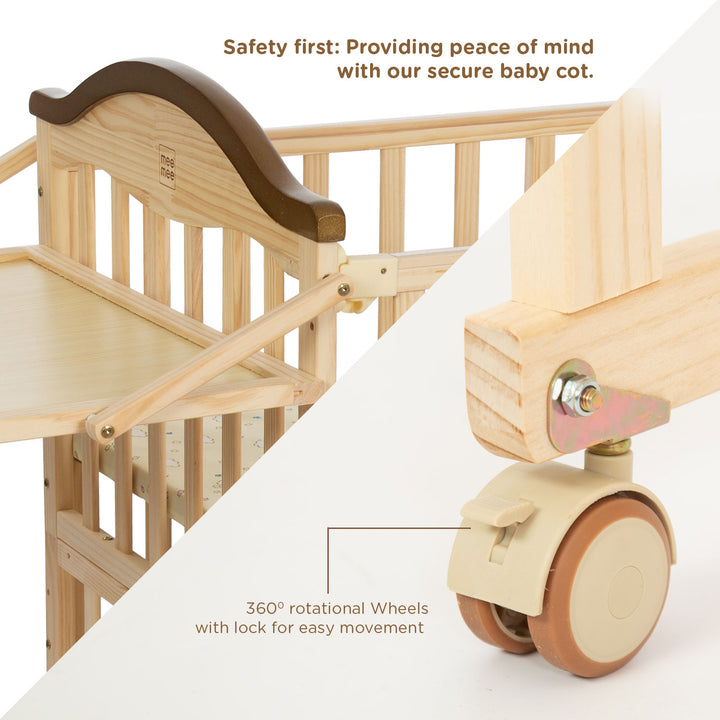 Mee Mee Premium Pine Wooden Baby Cot has 360° rotational wheels with lock for easy movement and safety. This provides the peace of mind with our secure baby cot