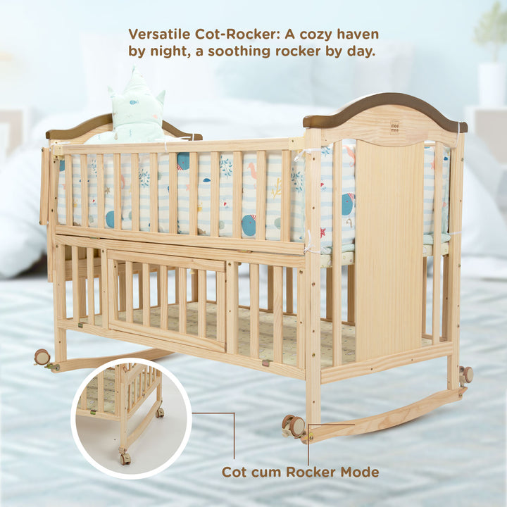 Mee Mee Premium Pine Wooden Baby Cot designed as a versatile cot cum rocker mode, allowing gentle rocking to soothe the baby.
