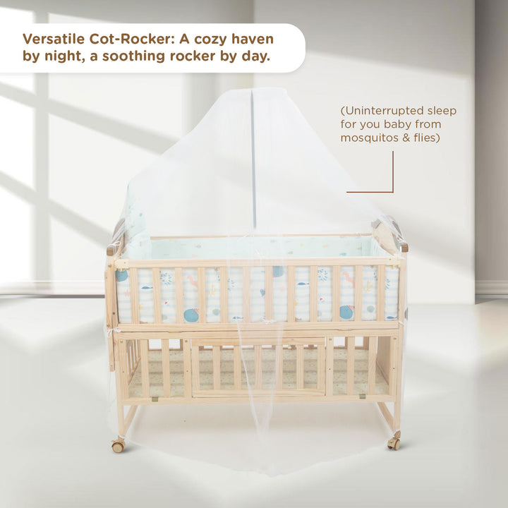 Mee Mee Pine Wooden Baby Cot Extendable Swinging Bed is a versatile cot rocker offers, uninterrupted sleep for your baby from mosquitoes and flies