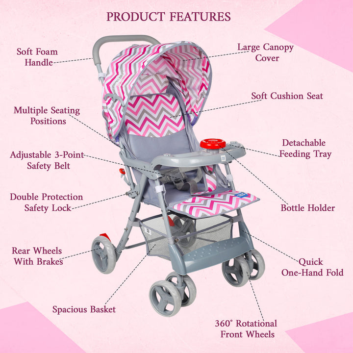 Buy Compact Folding Baby Pram with Multiple Seating Position (Pink ...