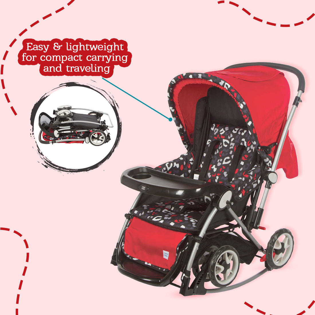 Buy Baby Pram with Rocker Function 3 Seating Positions Feeding Tray Red Printed Online in India Me n Moms