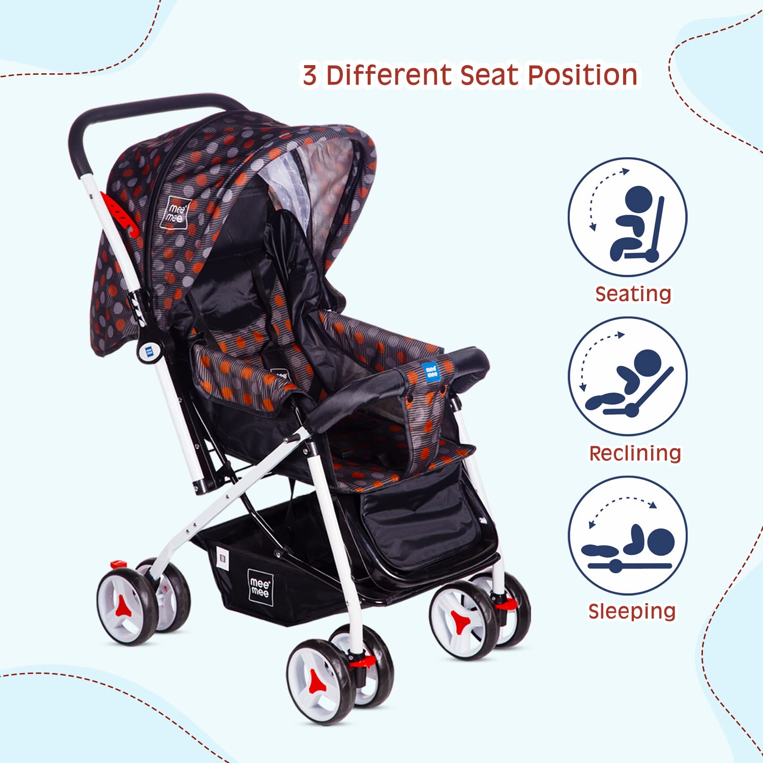 Mee Mee Baby Pram with 3 Seating Positions, Reversible Handle, Safety
