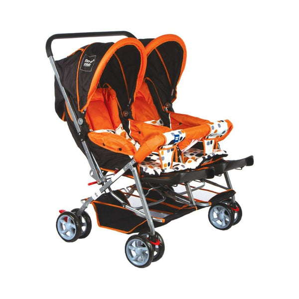 Mee Mee Comfortable Twin Baby Pram With 3 Seating Position | Compact Folding - Orange