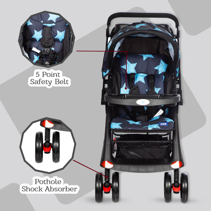 Mee Mee Advanced Baby Pram with Shock Absorber Wheels (Blue) Me N Moms