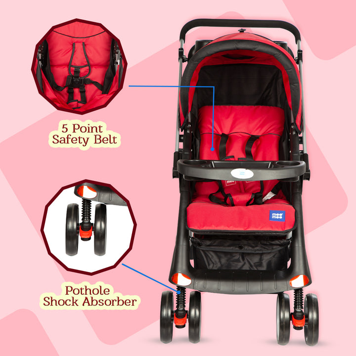 Buy Advanced Baby Pram with Shock Absorber Wheels (Red) Online in India