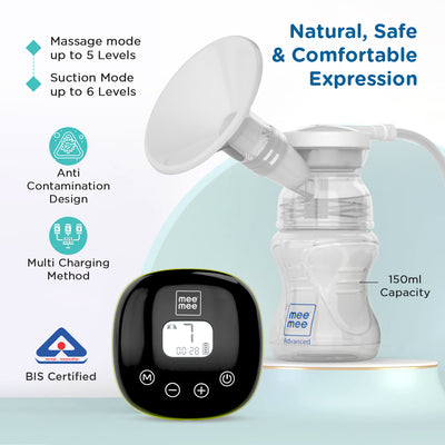 Mee Mee Adore Electric Breast Pump with 2 Phase Pumping | Digital Touch Screen | Smart Memory | Dual Power Mode - USB & Battery | 2pcs Breast Pads Free | Soft & Gentle | BPA Free | One Year Warranty | White |