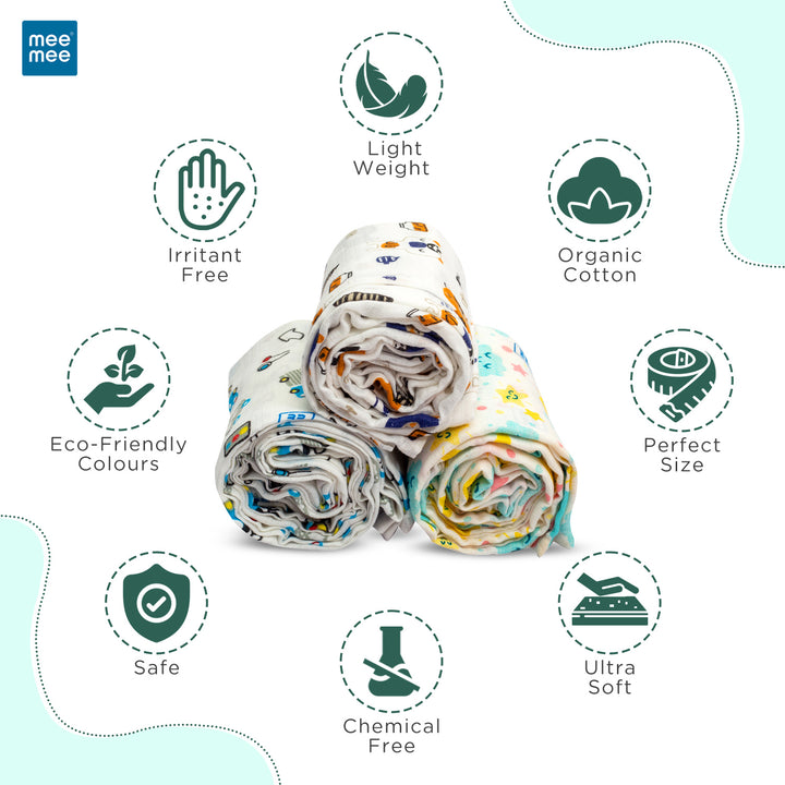 Mee Mee 100% Muslin Cotton Swaddle Wrappers for Newborn (3 Pcs Set)