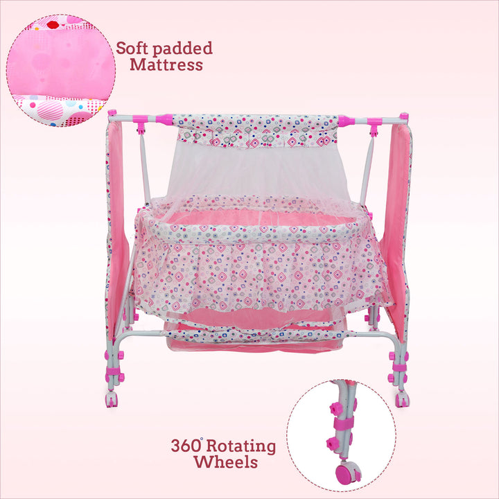 Buy Baby Wooden Cradle With Swing Mosquito Net (Pink) Online in