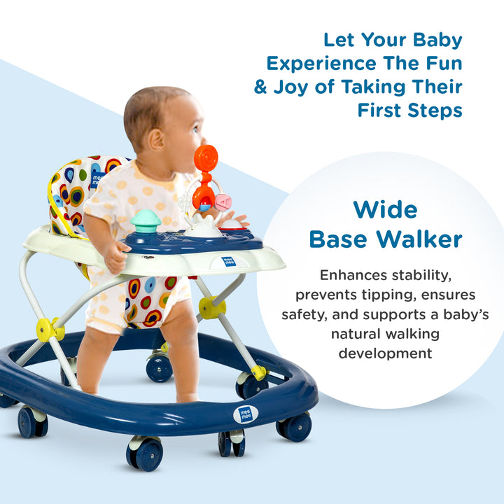 Mee Mee Blue Baby Walker with a wide base for stability and safe walking support.