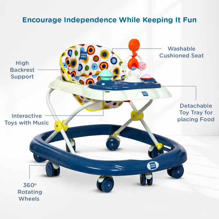 Mee Mee Blue Baby Walker is designed with a high backrest, a washable cushioned seat, interactive toys with music, and a detachable tray for snacks or play.