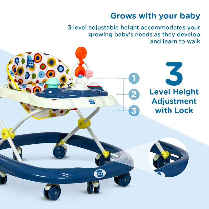 Mee Mee Blue Baby Walker with three adjustable height levels to grow with your baby. Therefore, you won’t need to purchase a new one in the meantime.