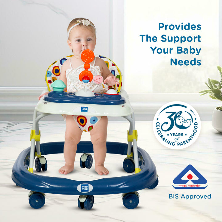 Mee Mee Blue Baby Walker with three-level adjustable height and secure lock to match your baby’s growth and learning stages.