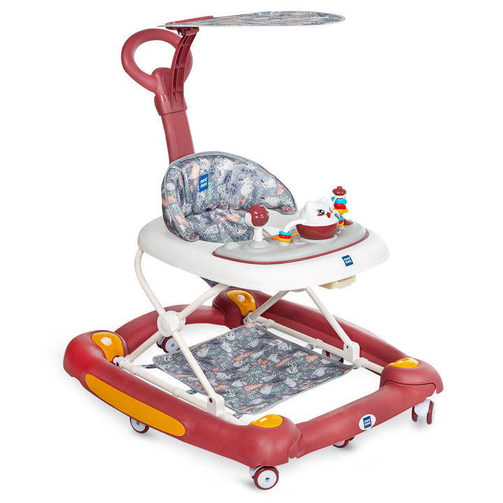 Mee Mee 360° Baby Activity Walker with 3-level adjustable height, foot mat, and detachable toy bar for engaging play and safe walking practice.