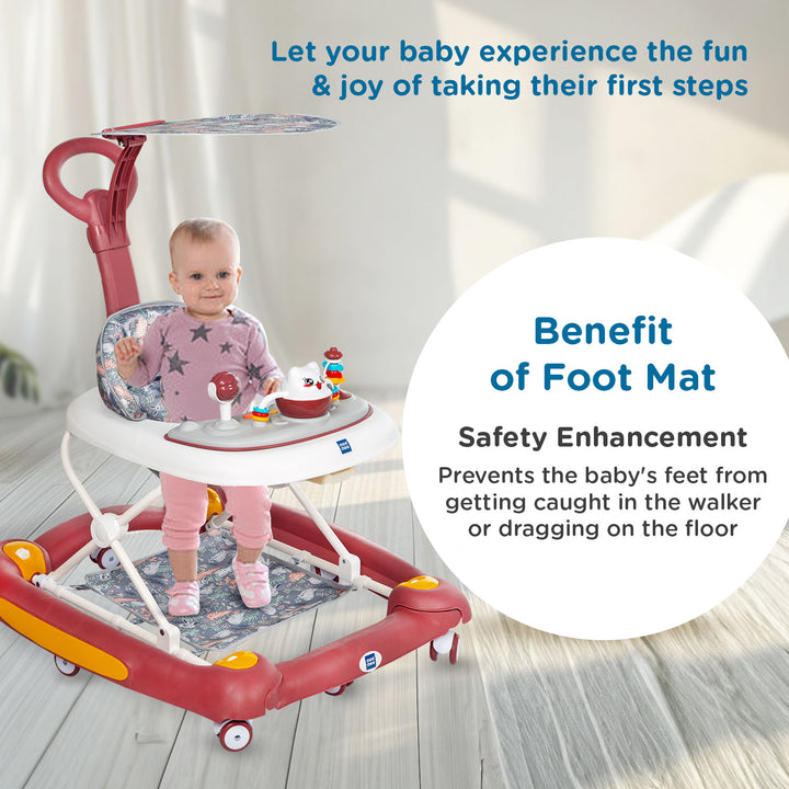 Mee Mee 360° Baby Activity Walker features a safety foot mat that prevents babies’ feet from getting caught or dragging on the floor.