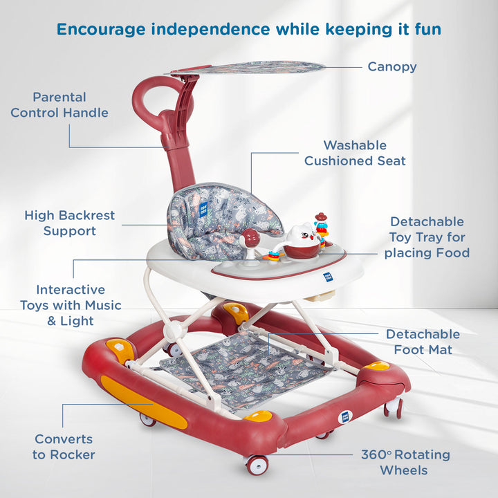 Mee Mee 360° Baby Activity Walker with parental control handle, canopy, washable cushioned seat, high-back support, detachable food tray, interactive toys with music and light, and 360° rotating wheels that convert to rocker mode.