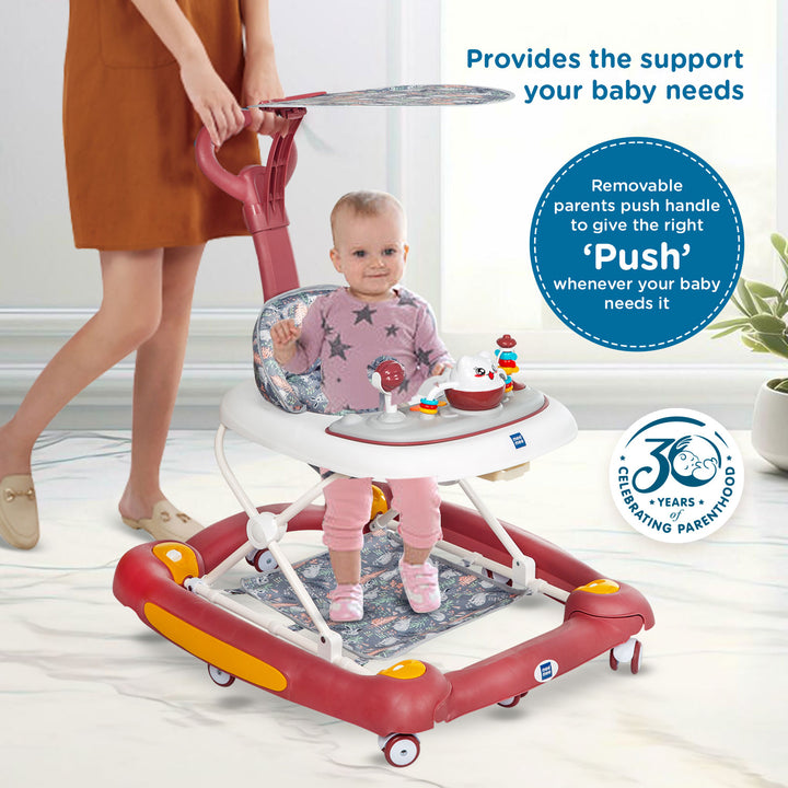 Mee Mee 360° Baby Activity Walker provides reliable support for babies learning to walk, with a removable parent push handle for gentle guidance and control.