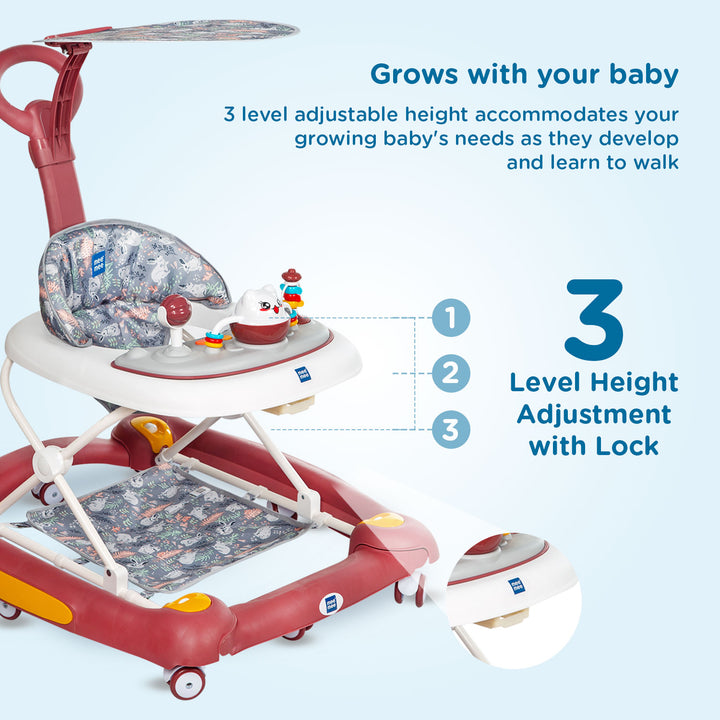 Mee Mee 360° Baby Activity Walker includes a secure three-level height adjustment with lock to suit your growing baby’s needs and walking stages.