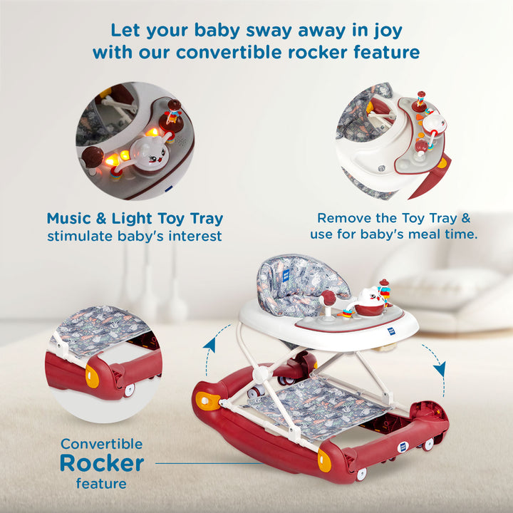 Mee Mee 360° Baby Activity Walker features a musical and light-up toy tray that stimulates sensory learning and keeps babies entertained.