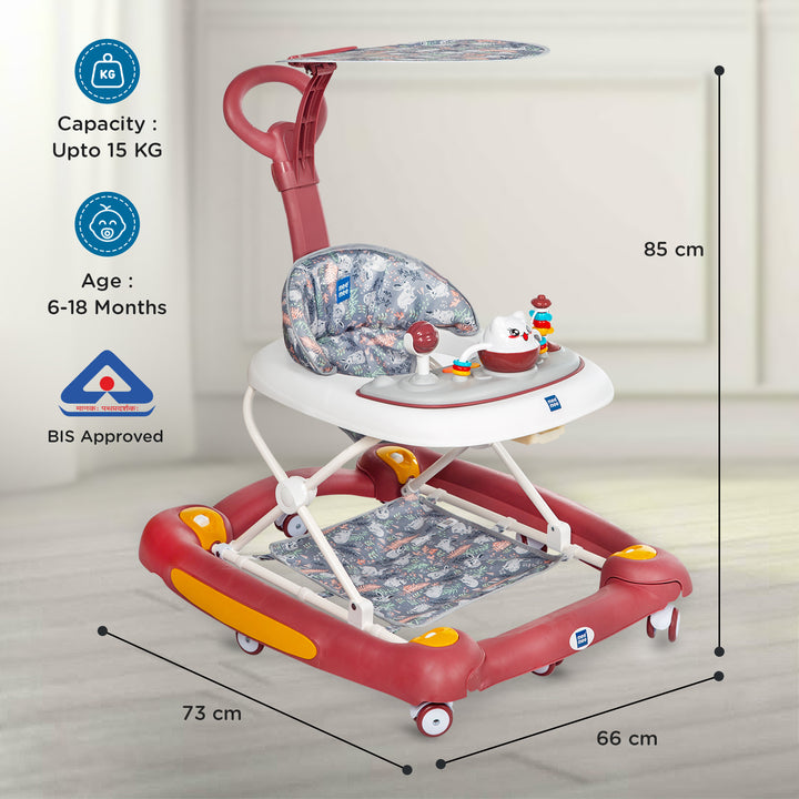 Mee Mee 360° Baby Activity Walker supports up to 15 kg, suitable for babies aged 6 to 18 months, BIS approved, with dimensions of 73 cm x 66 cm x 85 cm for stability and comfort.