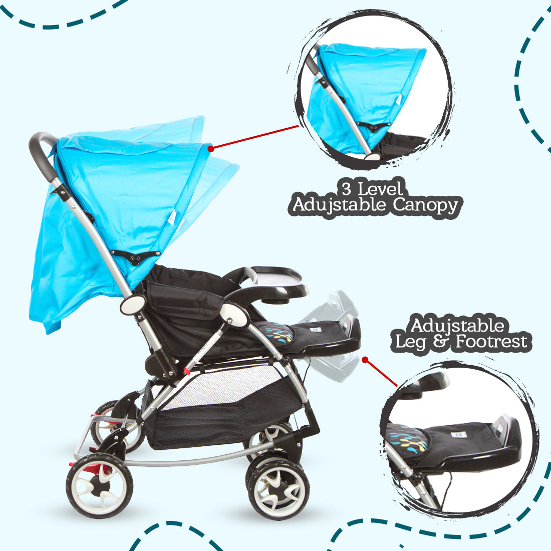 Buy Baby Pram with Rocker Function and 3 Seating Positions with Feeding Tray Blue Printed Online in India Me n Moms