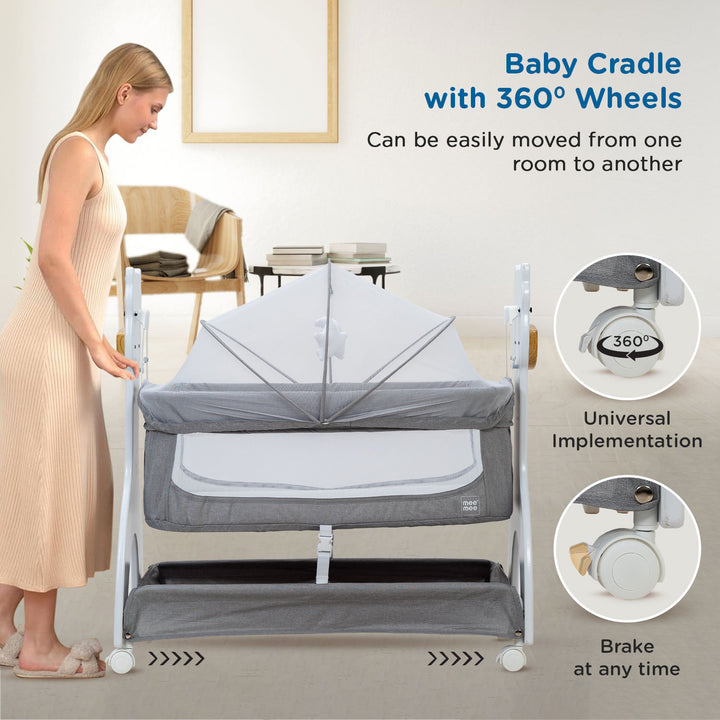 Mee Mee Manual Swing Cradle with 360° wheels for easy room-to-room movement, universal rotation, and secure brakes.