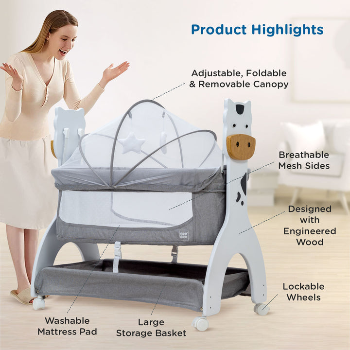 Mee Mee Manual Swing Cradle with adjustable, foldable, and removable canopy, breathable mesh sides, engineered wood design, lockable wheels, large storage basket, and washable mattress pad.