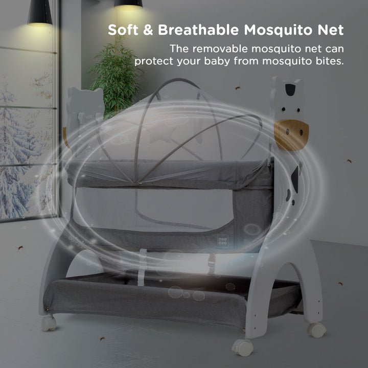 Mee Mee Manual Swing Cradle with soft and breathable mosquito net; removable net protects babies from mosquito bites while ensuring airflow.