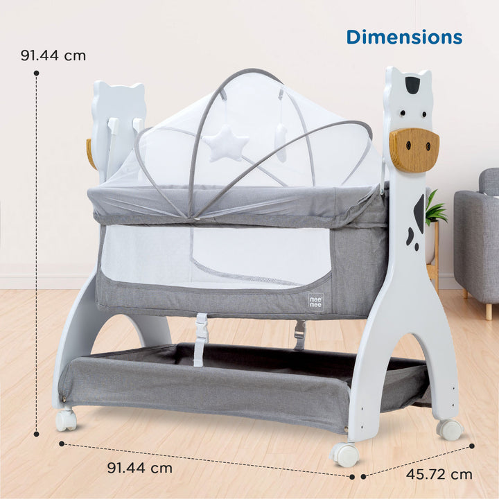 Mee Mee Manual Swing Cradle dimensions: height 91.44 cm, width 91.44 cm, and length 45.72 cm.