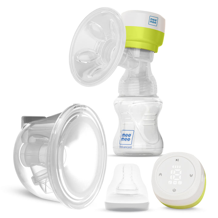 Components of Mee Mee Electric Wearable Breast Pump including motor, silicone shield, bottle, and accessories neatly displayed.