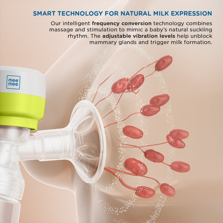 Mee Mee Electric Wearable Breast Pump features frequency conversion technology that combines massage and stimulation to imitate a baby’s natural sucking rhythm, with adjustable vibration levels.