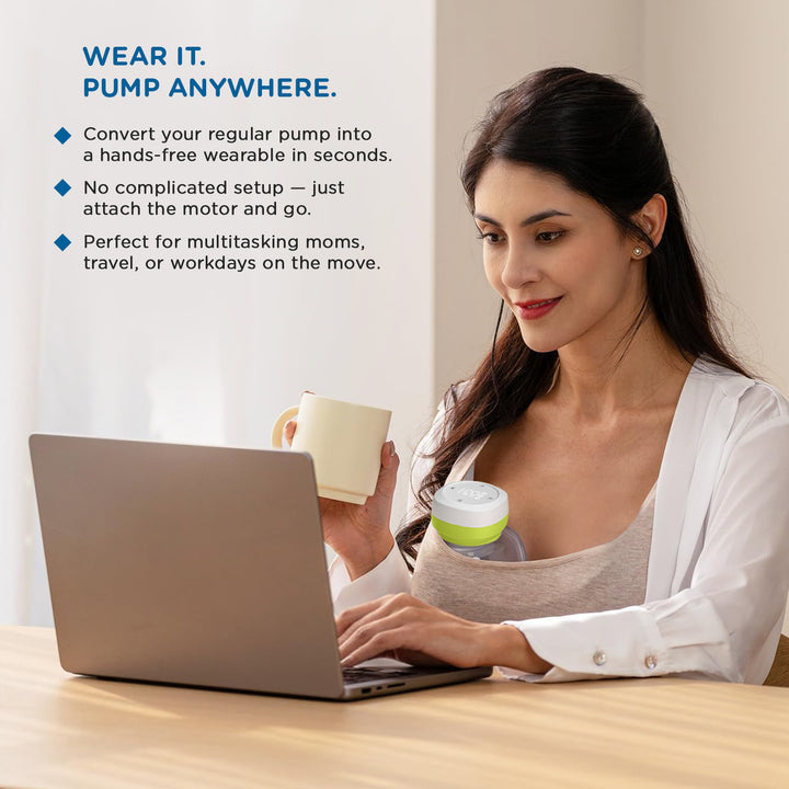 Mee Mee Electric Wearable Breast Pump allows mothers to pump hands-free anywhere, transforming a regular pump into a wearable one instantly with no complex setup, ideal for multitasking and traveling moms.