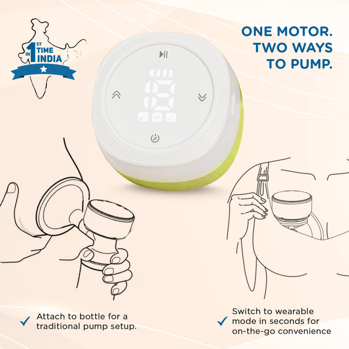Mee Mee Electric Wearable Breast Pump offers two usage options – attach to a bottle for a traditional setup or switch to wearable mode in seconds for easy, on-the-go pumping.